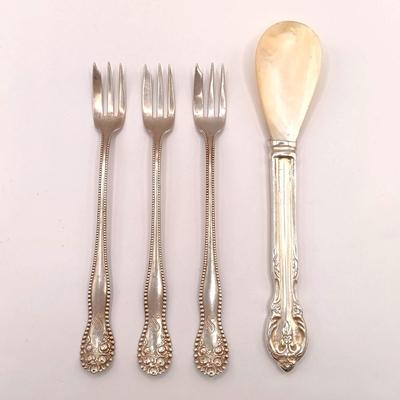 LOT 247: Set of 3 Sterling Silver Henry Kohn & Sons Cocktail Forks 40.32gtw with an Unmarked Silverplate and Shell Spoon
