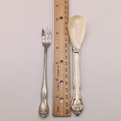 LOT 247: Set of 3 Sterling Silver Henry Kohn & Sons Cocktail Forks 40.32gtw with an Unmarked Silverplate and Shell Spoon