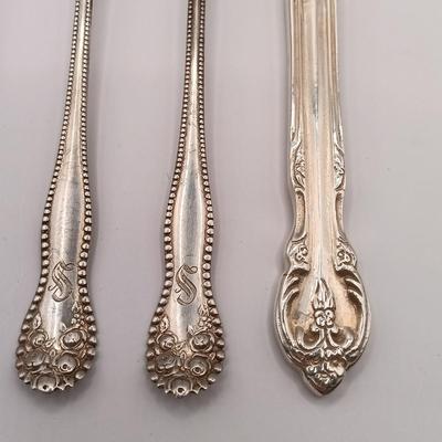 LOT 247: Set of 3 Sterling Silver Henry Kohn & Sons Cocktail Forks 40.32gtw with an Unmarked Silverplate and Shell Spoon