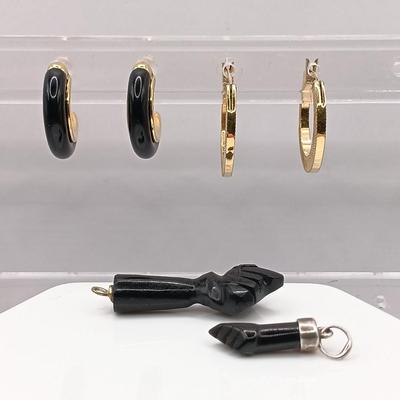 LOT 248: Black Stone Figa Pendants with Money Gold-Tone Earrings & Black Enamel and Gold-Tone Earrings