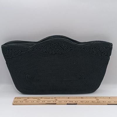 LOT 249: Vintage Black Cordé Clutch w/ Rhinestone Pin, Whiting and Davis Metal Mesh Crossbody & Lancome Blue Velvet Cosmetic Bag