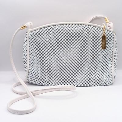 LOT 249: Vintage Black Cordé Clutch w/ Rhinestone Pin, Whiting and Davis Metal Mesh Crossbody & Lancome Blue Velvet Cosmetic Bag