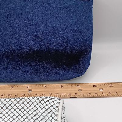 LOT 249: Vintage Black Cordé Clutch w/ Rhinestone Pin, Whiting and Davis Metal Mesh Crossbody & Lancome Blue Velvet Cosmetic Bag