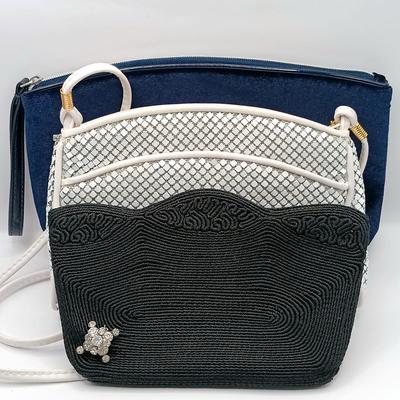 LOT 249: Vintage Black Cordé Clutch w/ Rhinestone Pin, Whiting and Davis Metal Mesh Crossbody & Lancome Blue Velvet Cosmetic Bag