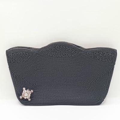 LOT 249: Vintage Black Cordé Clutch w/ Rhinestone Pin, Whiting and Davis Metal Mesh Crossbody & Lancome Blue Velvet Cosmetic Bag
