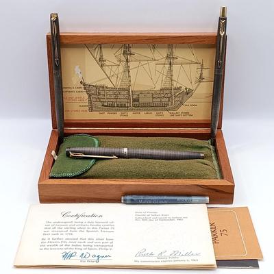 LOT 250: Parker 75 Spanish Treasure Fleet 1715 Sterling Silver Fountain Pen w/ Parker 75 Cisele Sterling Pen and Mechanical Pencil