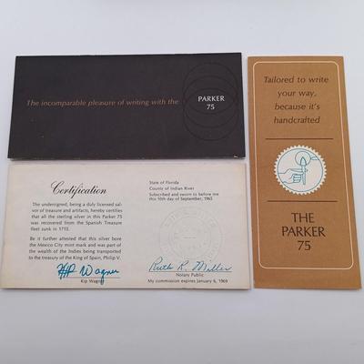 LOT 250: Parker 75 Spanish Treasure Fleet 1715 Sterling Silver Fountain Pen w/ Parker 75 Cisele Sterling Pen and Mechanical Pencil