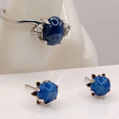 LOT 251: Star Sapphire Ring with Diamond Accents 14K White Gold Roman 2.45gtw Sz 6 with Unmarked Star Sapphire Earrings