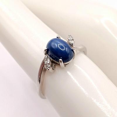 LOT 251: Star Sapphire Ring with Diamond Accents 14K White Gold Roman 2.45gtw Sz 6 with Unmarked Star Sapphire Earrings