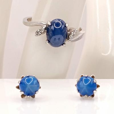 LOT 251: Star Sapphire Ring with Diamond Accents 14K White Gold Roman 2.45gtw Sz 6 with Unmarked Star Sapphire Earrings