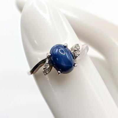 LOT 251: Star Sapphire Ring with Diamond Accents 14K White Gold Roman 2.45gtw Sz 6 with Unmarked Star Sapphire Earrings