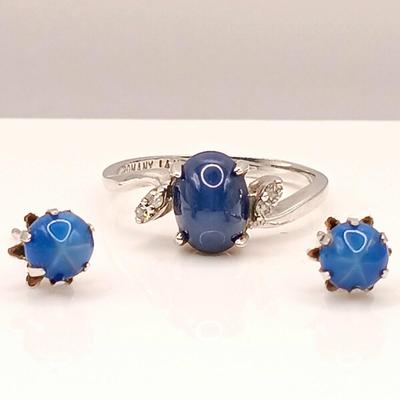 LOT 251: Star Sapphire Ring with Diamond Accents 14K White Gold Roman 2.45gtw Sz 6 with Unmarked Star Sapphire Earrings