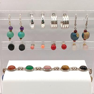 LOT 252: Silver-Tone Stone Scarab Bracelet, Napier Silver-Tone Hoop Earrings & More