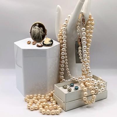 LOT 253: Vintage 12K GF Cameo Earrings, 925 Honora Pearl and Gem Earrings, Feaux Pearl Necklaces & More
