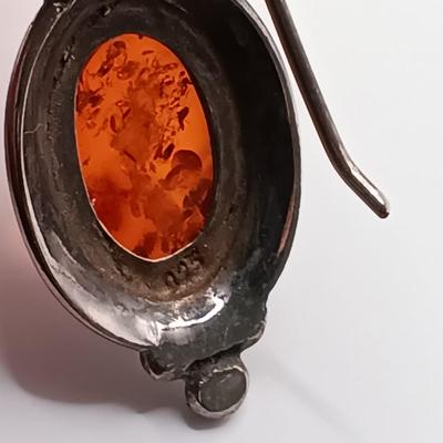 LOT 254: Baltic Amber and Sterling 2" Pendant on Silk Cord with Sterling and Amber Earrings