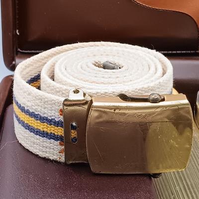 LOT 258: Vintage Men's Leather Toiletry Case w/ Destino 1/20 12K GF Cufflinks, Christian Dior Cufflinks, Solid Brass Belt Buckle...