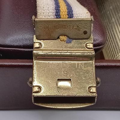 LOT 258: Vintage Men's Leather Toiletry Case w/ Destino 1/20 12K GF Cufflinks, Christian Dior Cufflinks, Solid Brass Belt Buckle...