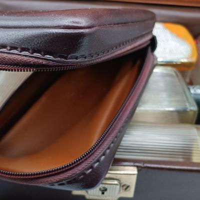 LOT 258: Vintage Men's Leather Toiletry Case w/ Destino 1/20 12K GF Cufflinks, Christian Dior Cufflinks, Solid Brass Belt Buckle...