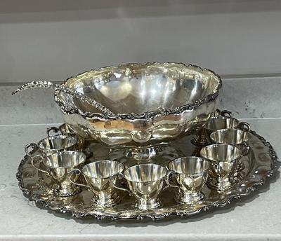 LOT 121K: Vintage Juventino Lopez Reyes Sterling Silver 15-Piece Punch Bowl Set - More Than 17 POUNDS of Sterling Silver