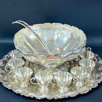 LOT 121K: Vintage Juventino Lopez Reyes Sterling Silver 15-Piece Punch Bowl Set - More Than 17 POUNDS of Sterling Silver