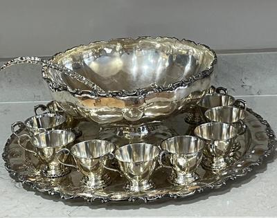 LOT 121K: Vintage Juventino Lopez Reyes Sterling Silver 15-Piece Punch Bowl Set - More Than 17 POUNDS of Sterling Silver