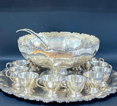 LOT 121K: Vintage Juventino Lopez Reyes Sterling Silver 15-Piece Punch Bowl Set - More Than 17 POUNDS of Sterling Silver