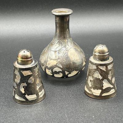 LOT 125K: Weighted Sterling Silver Candlesticks and Sterling Over Glass Bottle and Salt and Pepper Shakers