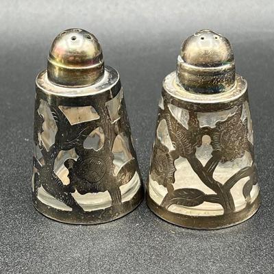 LOT 125K: Weighted Sterling Silver Candlesticks and Sterling Over Glass Bottle and Salt and Pepper Shakers