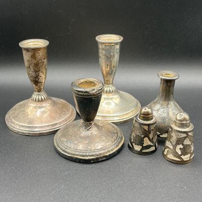 LOT 125K: Weighted Sterling Silver Candlesticks and Sterling Over Glass Bottle and Salt and Pepper Shakers