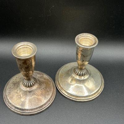 LOT 125K: Weighted Sterling Silver Candlesticks and Sterling Over Glass Bottle and Salt and Pepper Shakers