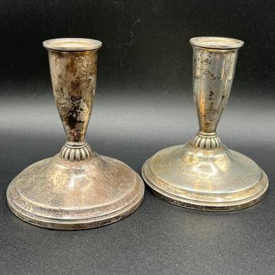 LOT 125K: Weighted Sterling Silver Candlesticks and Sterling Over Glass Bottle and Salt and Pepper Shakers