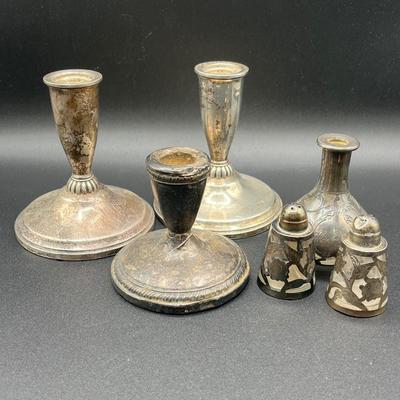 LOT 125K: Weighted Sterling Silver Candlesticks and Sterling Over Glass Bottle and Salt and Pepper Shakers