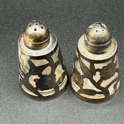 LOT 125K: Weighted Sterling Silver Candlesticks and Sterling Over Glass Bottle and Salt and Pepper Shakers