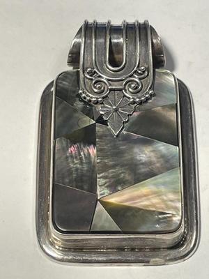 Heavy Sterling Silver & Abalone Bezel Set Slide Pendant 2.50" Tall in VG Preowned Condition as Pictured. FREE DOMESTIC SHIPPING.