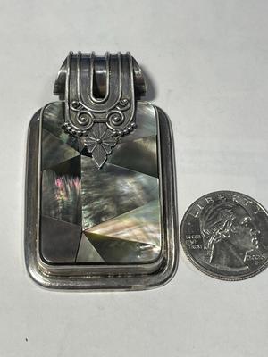 Heavy Sterling Silver & Abalone Bezel Set Slide Pendant 2.50" Tall in VG Preowned Condition as Pictured. FREE DOMESTIC SHIPPING.