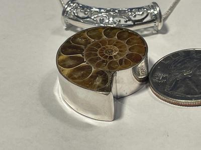 Never Worn Condition Sterling Silver Natural Ammonite Fossil Pendant Bezel Set on Sterling Silver 24" Chain as Pic'd. FREE...