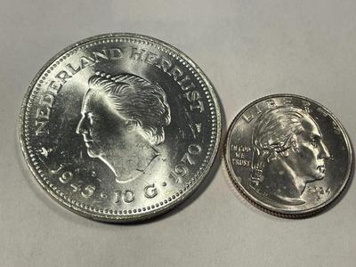 Netherlands 1970 Brilliant Uncirculated10 Gulden Silver Coin KM#195 as Pictured. FREE DOMESTIC SHIPPING.