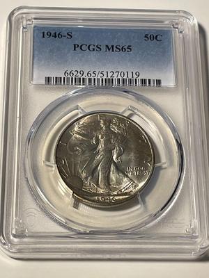 PCGS CERTIFIED 1946-S MS65 TONED OBVERSE WALKING LIBERTY SILVER HALF DOLLAR AS PICTURED. FREE DOMESTIC SHIPPING.