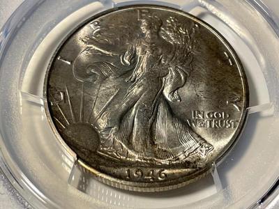 PCGS CERTIFIED 1946-S MS65 TONED OBVERSE WALKING LIBERTY SILVER HALF DOLLAR AS PICTURED. FREE DOMESTIC SHIPPING.