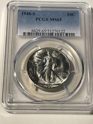 PCGS CERTIFIED 1946-S MS65 WALKING LIBERTY SILVER HALF DOLLAR AS PICTURED. FREE DOMESTIC SHIPPING.