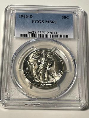 PCGS CERTIFIED 1946-D MS65 WALKING LIBERTY SILVER HALF DOLLAR AS PICTURED. FREE DOMESTIC SHIPPING.