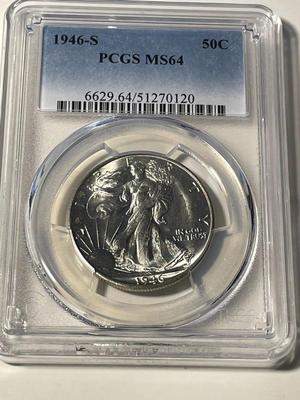 PCGS CERTIFIED 1946-S MS64 WALKING LIBERTY SILVER HALF DOLLAR AS PICTURED. FREE DOMESTIC SHIPPING.