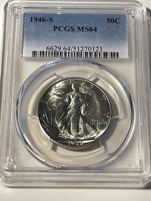 PCGS CERTIFIED 1946-S MS64 WALKING LIBERTY SILVER HALF DOLLAR AS PICTURED. FREE DOMESTIC SHIPPING.