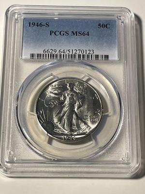 PCGS CERTIFIED 1946-S MS64 WALKING LIBERTY SILVER HALF DOLLAR AS PICTURED. FREE DOMESTIC SHIPPING.