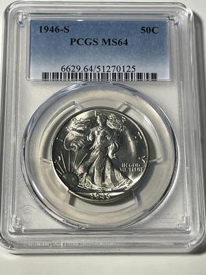 PCGS CERTIFIED 1946-S MS64 WALKING LIBERTY SILVER HALF DOLLAR AS PICTURED. FREE DOMESTIC SHIPPING.