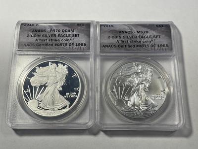 ANACS CERTIFIED 2019 W PROOF70 DEEP CAMEO & 2019 MS70 2-COIN SILVER EAGLE SET AS PICTURED. FREE DOMESTIC SHIPPING.