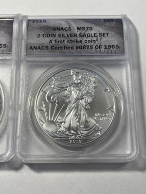 ANACS CERTIFIED 2019 W PROOF70 DEEP CAMEO & 2019 MS70 2-COIN SILVER EAGLE SET AS PICTURED. FREE DOMESTIC SHIPPING.