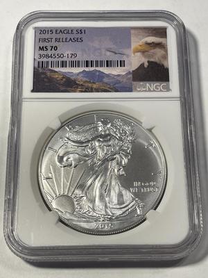 NGC CERTIFIED 2015 MS70 FIRST RELEASES SILVER EAGLE DOLLAR AS PICTURED. FREE DOMESTIC SHIPPING.