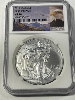 NGC CERTIFIED 2015 MS70 FIRST RELEASES SILVER EAGLE DOLLAR AS PICTURED. FREE DOMESTIC SHIPPING.