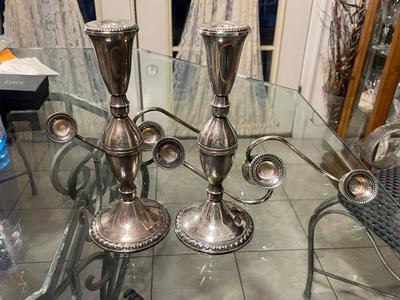 Vintage Mid-Century Pair of Sterling Silver Weighted 3-Tier Convertible Candelabras 11.75" Tall in Good Preowned Condition. FREE...